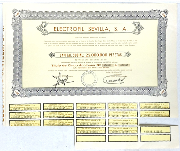 ELECTROFIL SEVILLA CAPITAL 25 MILLONES PTAS ACCION Nº 020891 AL 020895 DE 5000 PTAS