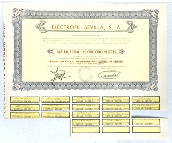 ELECTROFIL SEVILLA CAPITAL 25 MILLONES PTAS ACCION Nº 020886 AL 020890 DE 5000 PTAS