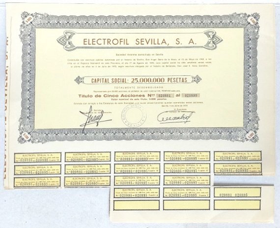 ELECTROFIL SEVILLA CAPITAL 25 MILLONES PTAS ACCION Nº 020891 AL 020895 DE 5000 PTAS