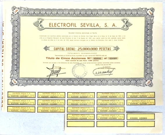 ELECTROFIL SEVILLA CAPITAL 25 MILLONES PTAS ACCION Nº 020896 AL 020900 DE 5000 PTAS