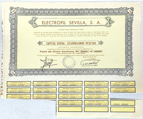 ELECTROFIL SEVILLA CAPITAL 25 MILLONES PTAS ACCION Nº 020901 AL 020905 DE 5000 PTAS