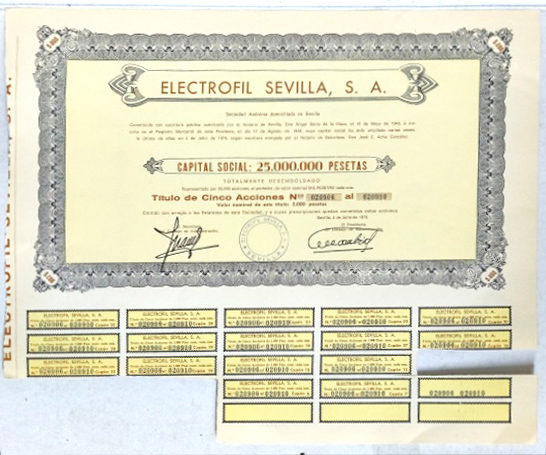 ELECTROFIL SEVILLA CAPITAL 25 MILLONES PTAS ACCION Nº 020906 AL 020910 DE 5000 PTAS