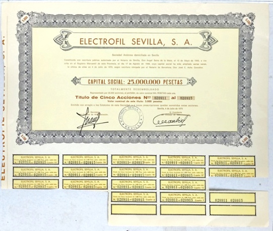ELECTROFIL SEVILLA CAPITAL 25 MILLONES PTAS ACCION Nº 020911 AL 020915 DE 5000 PTAS