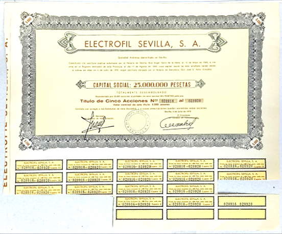 ELECTROFIL SEVILLA CAPITAL 25 MILLONES PTAS ACCION Nº 020916 AL 020920 DE 5000 PTAS