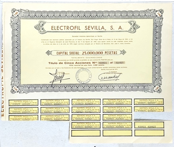 ELECTROFIL SEVILLA CAPITAL 25 MILLONES PTAS ACCION Nº 020921 AL 020925 DE 5000 PTAS