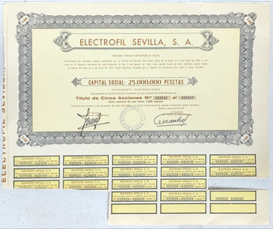 ELECTROFIL SEVILLA CAPITAL 25 MILLONES PTAS ACCION Nº 020926 AL 020930 DE 5000 PTAS