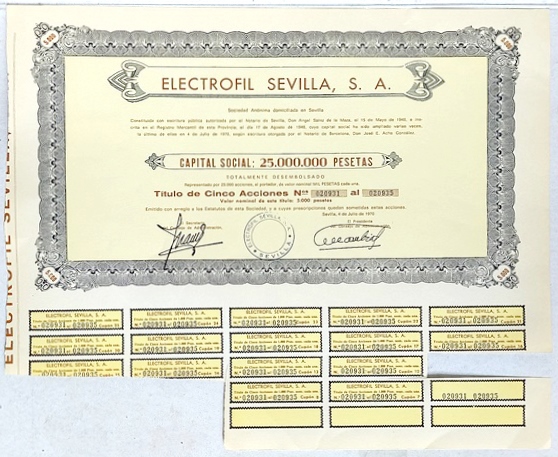 ELECTROFIL SEVILLA CAPITAL 25 MILLONES PTAS ACCION Nº 020931 AL 020935 DE 5000 PTAS