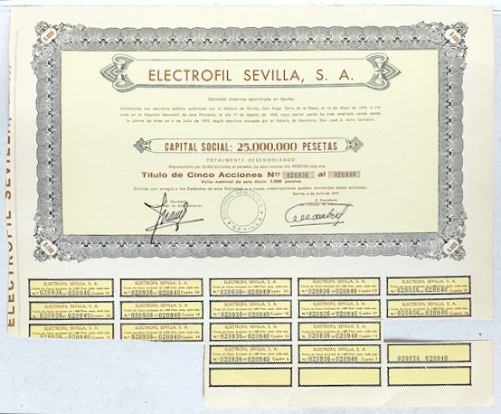 ELECTROFIL SEVILLA CAPITAL 25 MILLONES PTAS ACCION Nº 020936 AL 020940 DE 5000 PTAS