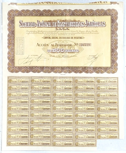 S.A. CONSTRUCCIONES AGRICOLAS CAPITAL 20 MILLONES PTAS. ACCION Nº 26729 500 PTAS.