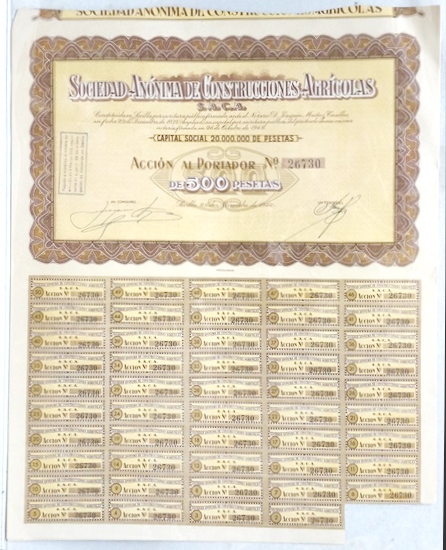 S.A. CONSTRUCCIONES AGRICOLAS CAPITAL 20 MILLONES PTAS. ACCION Nº 26730 500 PTAS.