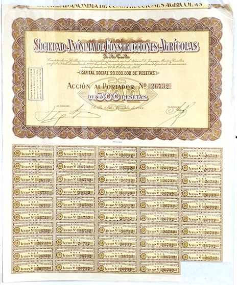 S.A. CONSTRUCCIONES AGRICOLAS CAPITAL 20 MILLONES PTAS. ACCION Nº 26732 500 PTAS.