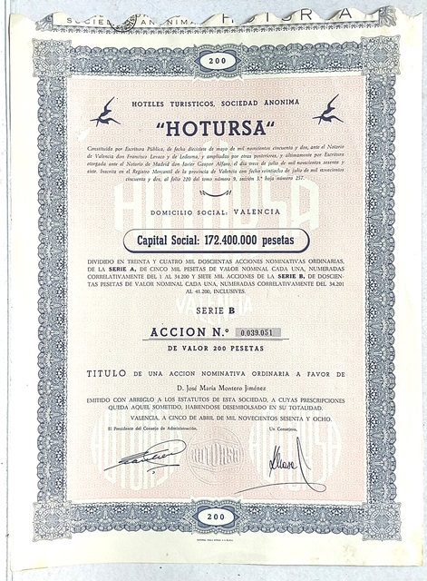 ”HOTURSA” (HOTELES TURISTICOS, S.A.) CAPITAL 172.400.000 PTAS. Nº 0.039.048 200 PTAS