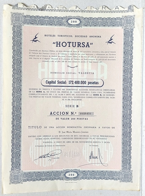 ”HOTURSA” (HOTELES TURISTICOS, S.A.) CAPITAL 172.400.000 PTAS. Nº 0.039.050 200 PTAS