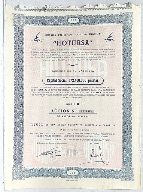 ”HOTURSA” (HOTELES TURISTICOS, S.A.) CAPITAL 172.400.000 PTAS. Nº 0.039.049 200 PTAS