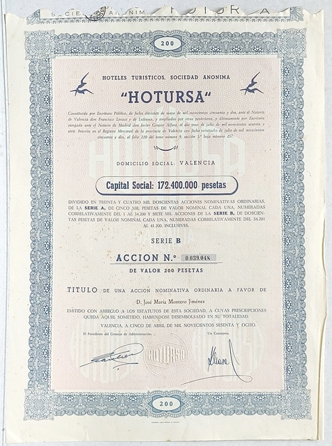 ”HOTURSA” (HOTELES TURISTICOS, S.A.) CAPITAL 172.400.000 PTAS. Nº 0.039.048 200 PTAS