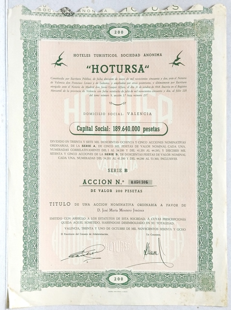 ”HOTURSA” (HOTELES TURISTICOS, S.A.) CAPITAL 189.640.000 PTAS. Nº 0.050.306 200 PTAS