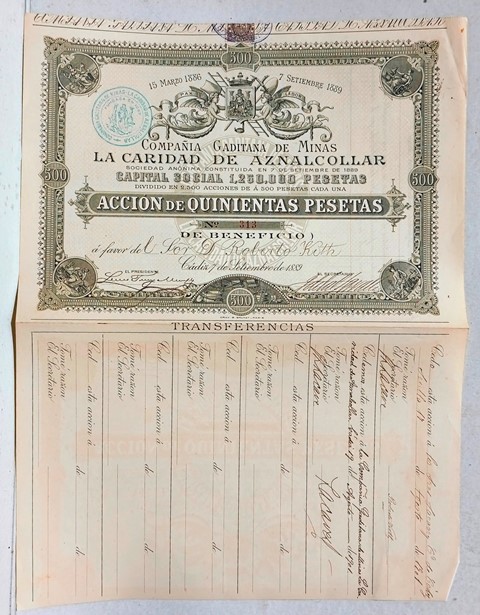COMPAÑÍA GADITANA DE MINAS LA CARIDAD DE AZNALCOLLAR CAPITAL 1.250.000 PTAS. Nº 314