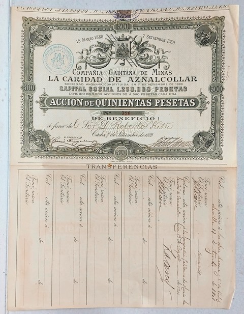 COMPAÑÍA GADITANA DE MINAS LA CARIDAD DE AZNALCOLLAR CAPITAL 1.250.000 PTAS. Nº 326