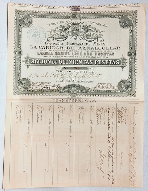 COMPAÑÍA GADITANA DE MINAS LA CARIDAD DE AZNALCOLLAR CAPITAL 1.250.000 PTAS. Nº 360