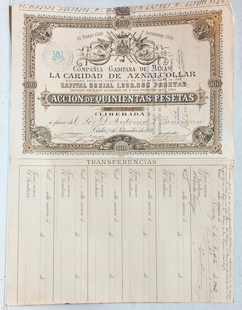 COMPAÑÍA GADITANA DE MINAS LA CARIDAD DE AZNALCOLLAR CAPITAL 1.250.000 PTAS. Nº 2.002