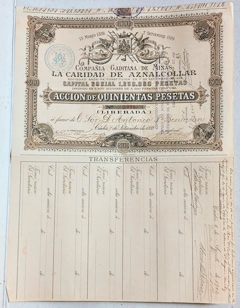 COMPAÑÍA GADITANA DE MINAS LA CARIDAD DE AZNALCOLLAR CAPITAL 1.250.000 PTAS. Nº 2.014