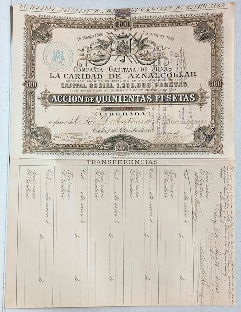 COMPAÑÍA GADITANA DE MINAS LA CARIDAD DE AZNALCOLLAR CAPITAL 1.250.000 PTAS. Nº 2.008