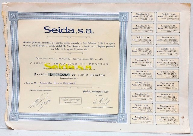 SEIDA, S.A. SOCIEDAD MERCANTIL CAPITAL 88.000.000 PTAS ACCION Nº 083592 DE 1000 PTAS.