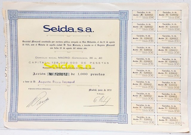 SEIDA, S.A. SOCIEDAD MERCANTIL CAPITAL 128.000.000 PTAS ACCION Nº 120012 DE 1000 PTAS.