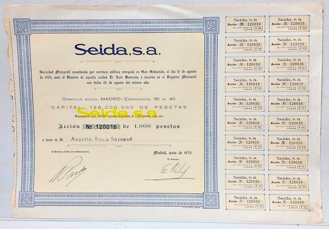 SEIDA, S.A. SOCIEDAD MERCANTIL CAPITAL 128.000.000 PTAS ACCION Nº 120016 DE 1000 PTAS.