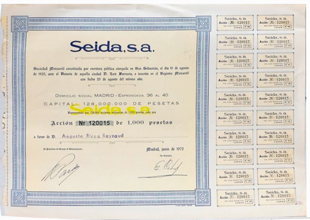 SEIDA, S.A. SOCIEDAD MERCANTIL CAPITAL 128.000.000 PTAS ACCION Nº 120015 DE 1000 PTAS.