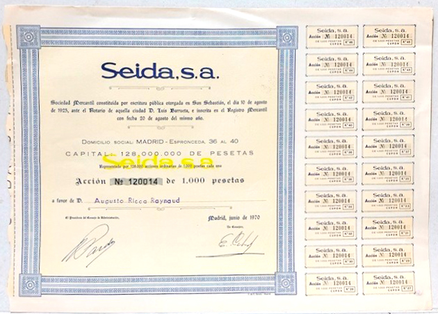 SEIDA, S.A. SOCIEDAD MERCANTIL CAPITAL 128.000.000 PTAS ACCION Nº 120014 DE 1000 PTAS.