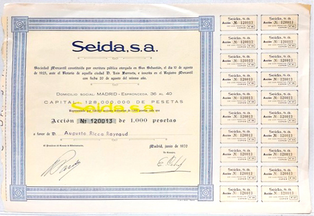 SEIDA, S.A. SOCIEDAD MERCANTIL CAPITAL 128.000.000 PTAS ACCION Nº 120013 DE 1000 PTAS.