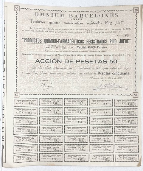 OMNIUM BARCELONES PUIG JOFRE CAPITAL 90.000 PTAS ACCION Nº 169 DE 50 PTAS ABRIL 1910