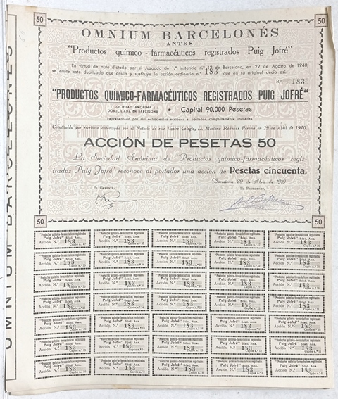 OMNIUM BARCELONES PUIG JOFRE CAPITAL 90.000 PTAS ACCION Nº 183 DE 50 PTAS ABRIL 1910