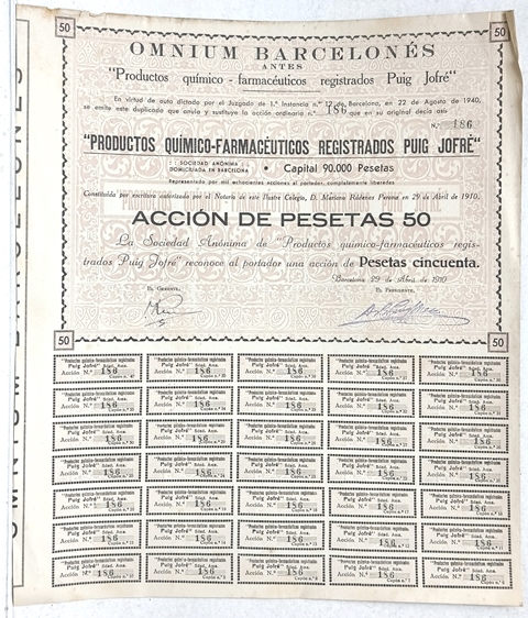 OMNIUM BARCELONES PUIG JOFRE CAPITAL 90.000 PTAS ACCION Nº 186 DE 50 PTAS ABRIL 1910