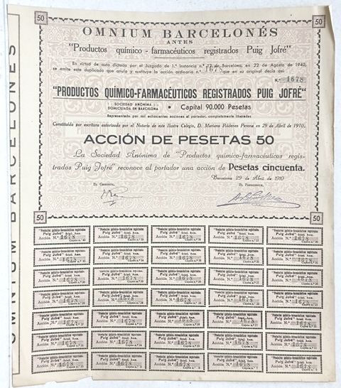 OMNIUM BARCELONES PUIG JOFRE CAPITAL 90.000PTAS ACCION Nº 1678 DE 50 PTAS ABRIL 1910