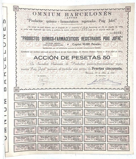 OMNIUM BARCELONES PUIG JOFRE CAPITAL 90.000PTAS ACCION Nº 1524 DE 50 PTAS ABRIL 1910