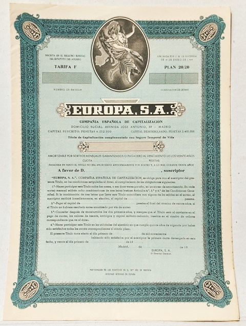 EUROPA. S.A. COMPAÑÍA ESPAÑOLA DE CAPITALIZACION MADRID 1949 (EN BLANCO)