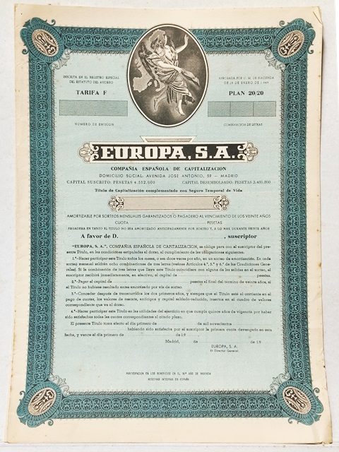 EUROPA. S.A. COMPAÑÍA ESPAÑOLA DE CAPITALIZACION MADRID 1949 (EN BLANCO)