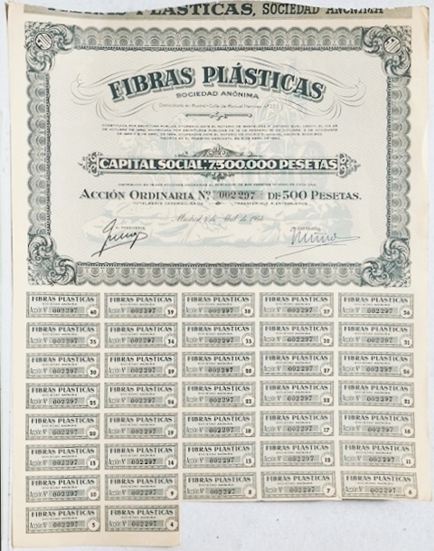 FIBRAS PLASTICAS,S.A. CAPITAL SOCIAL 7.500.000 PTAS ACCION 002297 DE 500 PTAS MADRID