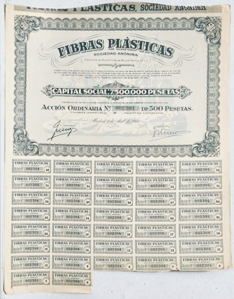 FIBRAS PLASTICAS,S.A. CAPITAL SOCIAL 7.500.000 PTAS ACCION 002304 DE 500 PTAS MADRID
