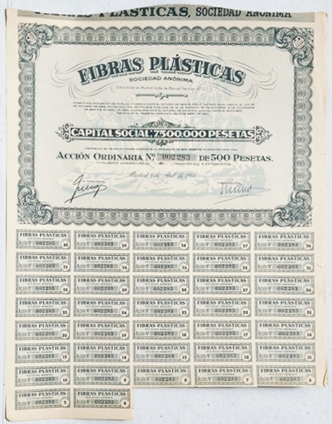 FIBRAS PLASTICAS,S.A. CAPITAL SOCIAL 7.500.000 PTAS ACCION 002283 DE 500 PTAS MADRID