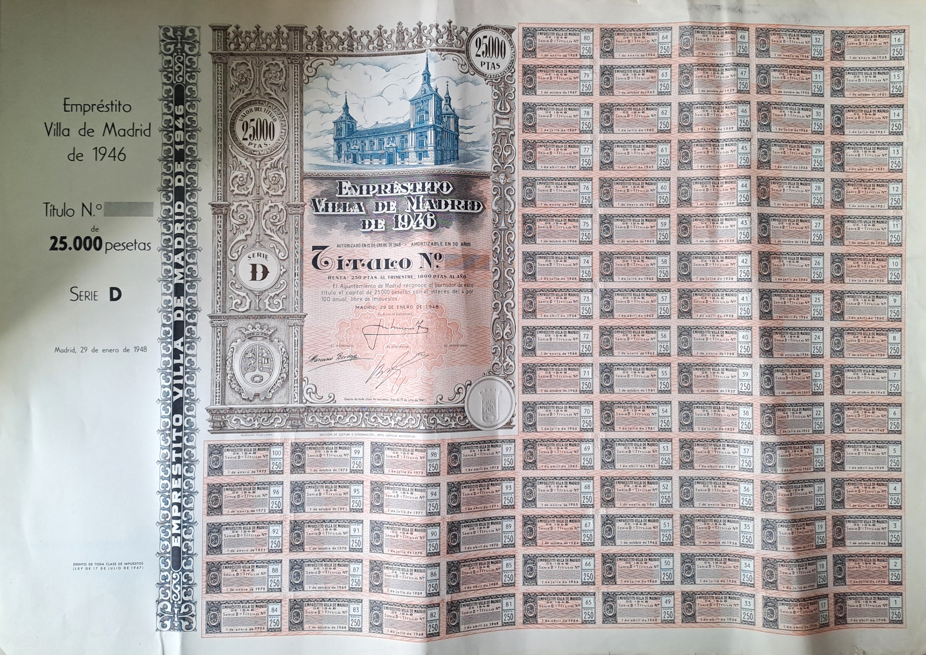 EMPRESTITO VILLA DE MADRID DE 1946 SERIE D DE 25.000 PTAS