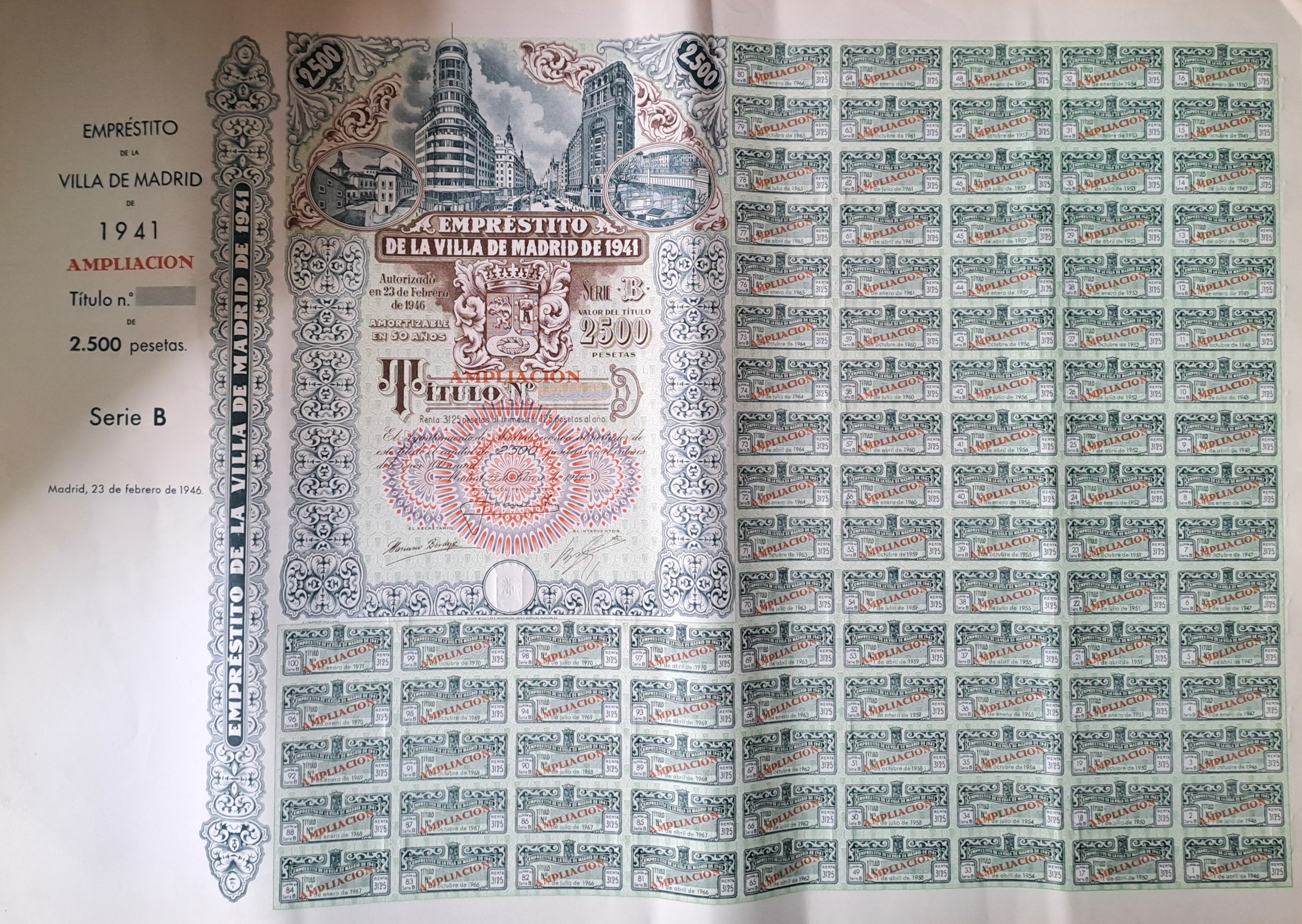 EMPRESTITO VILLA DE MADRID DE 1941 SERIE B AMPLIACION DE 2.500 PTAS