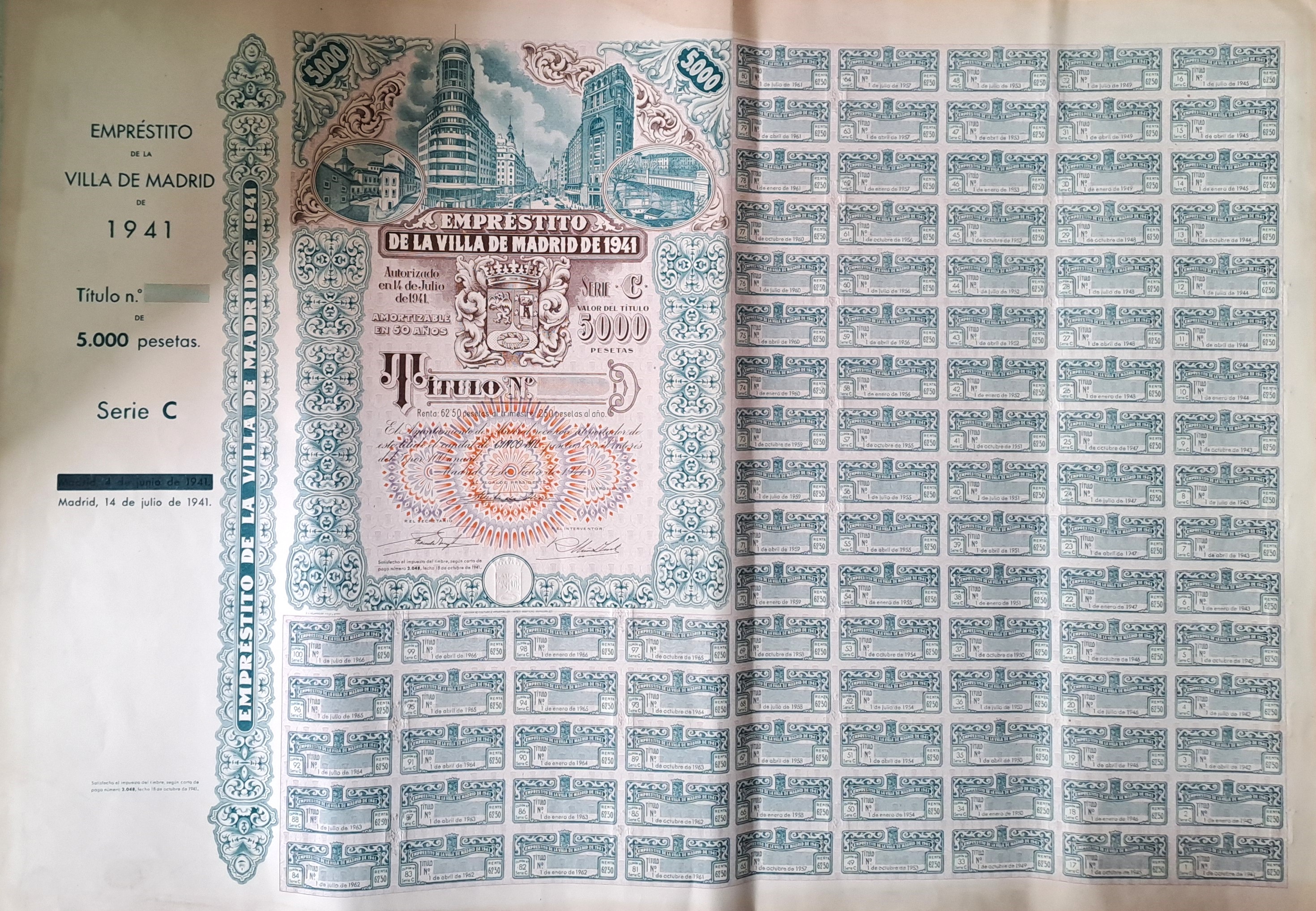 EMPRESTITO VILLA DE MADRID DE 1941 SERIE C DE 5.000 PTAS