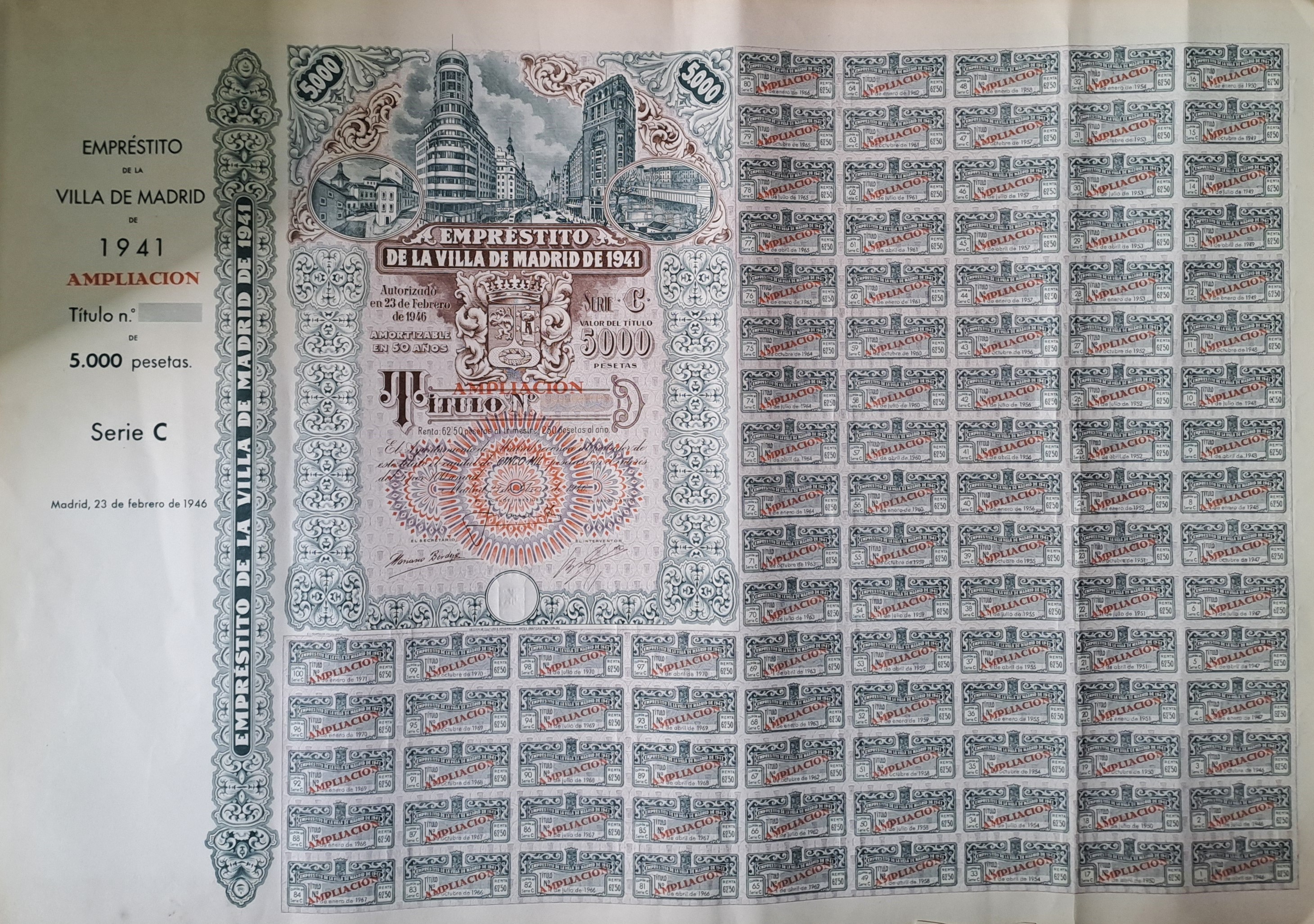 EMPRESTITO VILLA DE MADRID DE 1941 SERIE C AMPLIACION DE 5.000 PTAS
