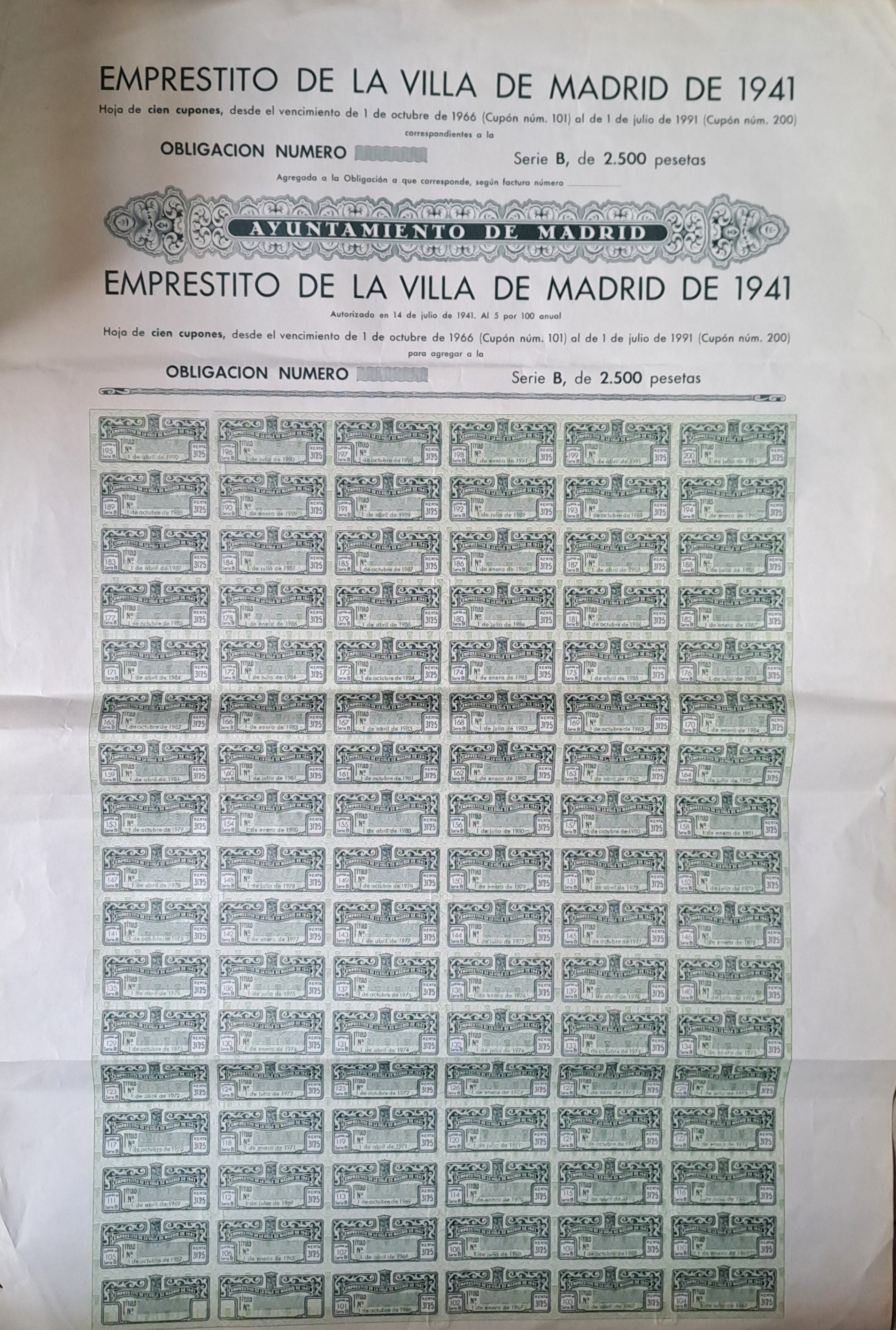 EMPRESTITO VILLA DE MADRID DE 1941 SERIE B  DE 2.500 PTAS
