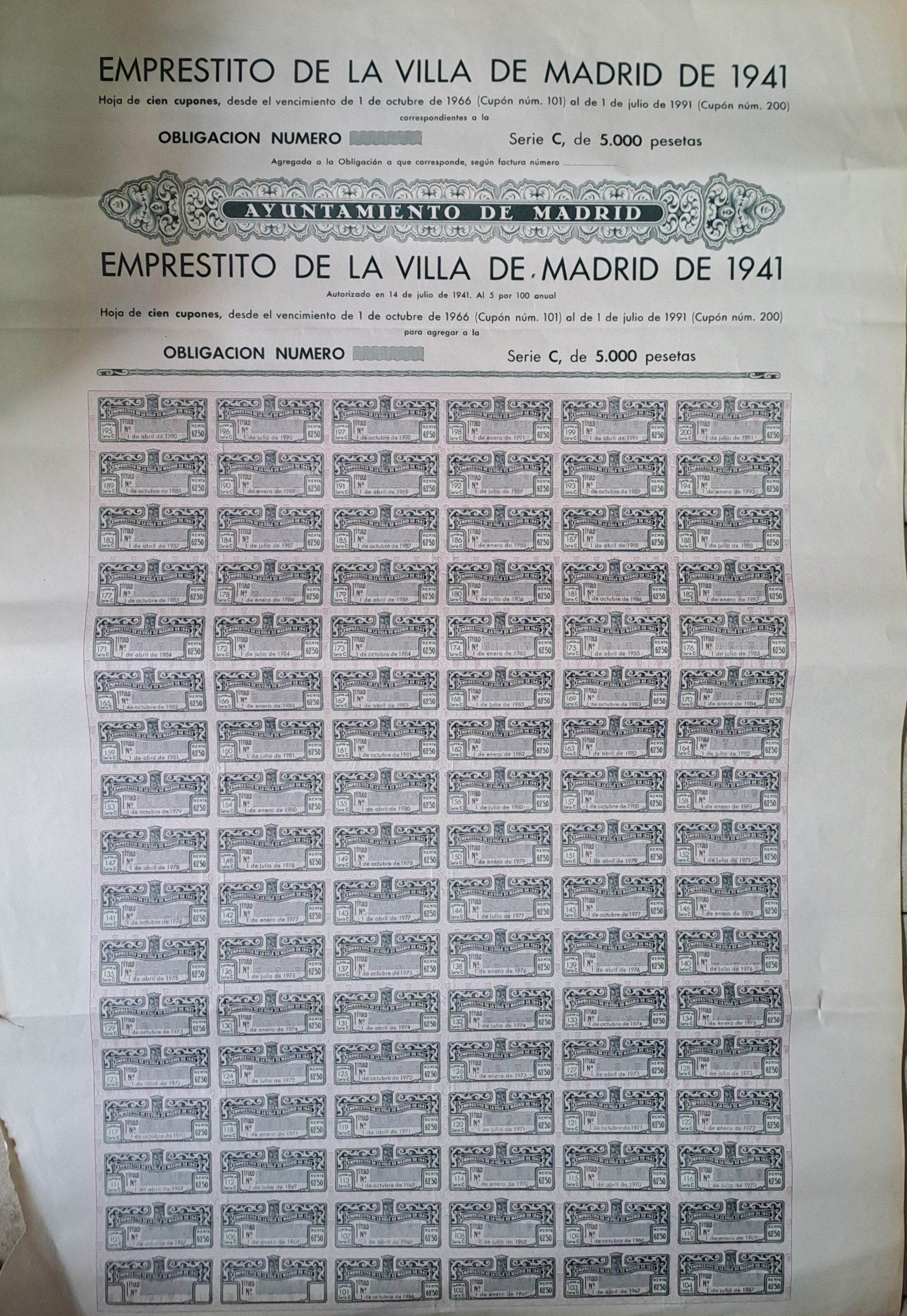 EMPRESTITO VILLA DE MADRID DE 1941 SERIE C  DE 5.000 PTAS