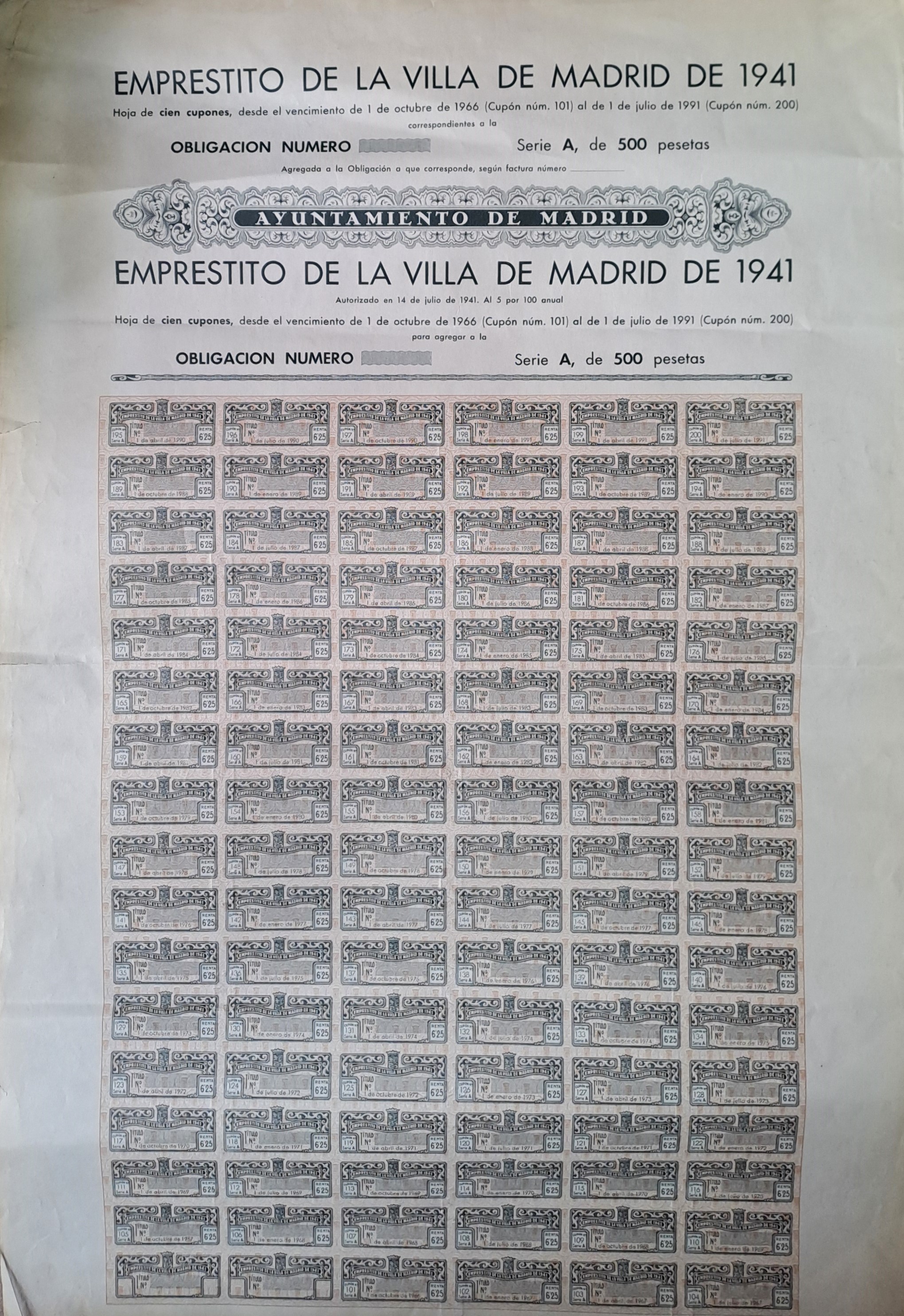 EMPRESTITO VILLA DE MADRID DE 1941 SERIE A DE 500 PTAS