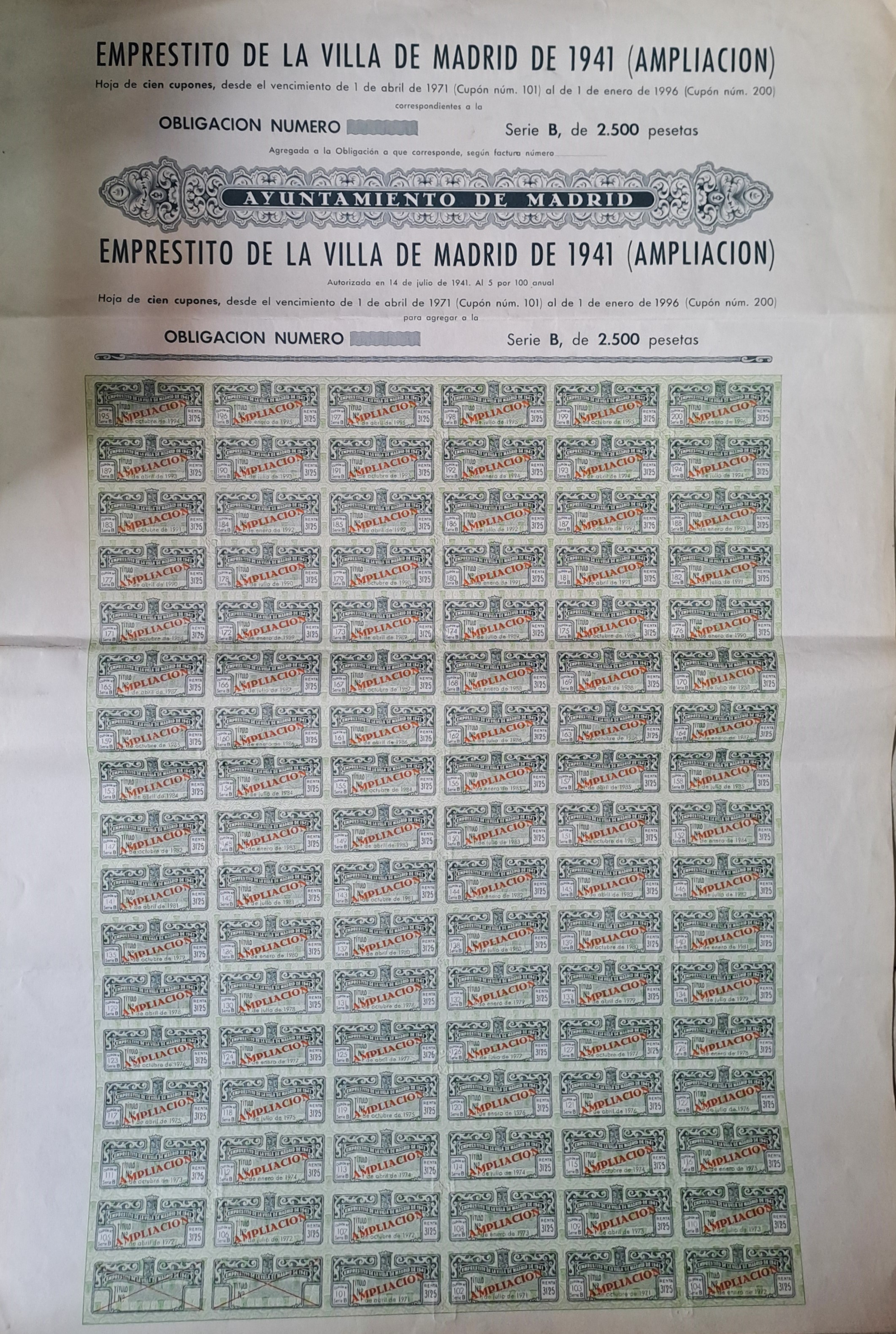 EMPRESTITO VILLA DE MADRID DE 1941 SERIE B AMPLIACION  DE 2.500 PTAS